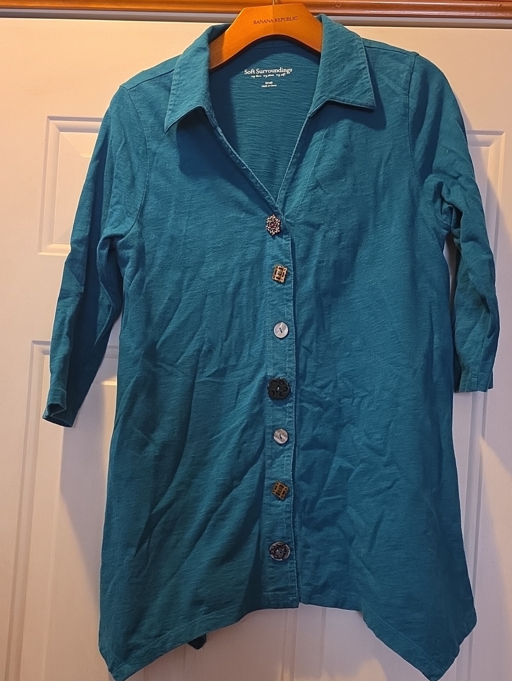 Soft Surroundings Teal Button-Front Tunic with Mixed Buttons